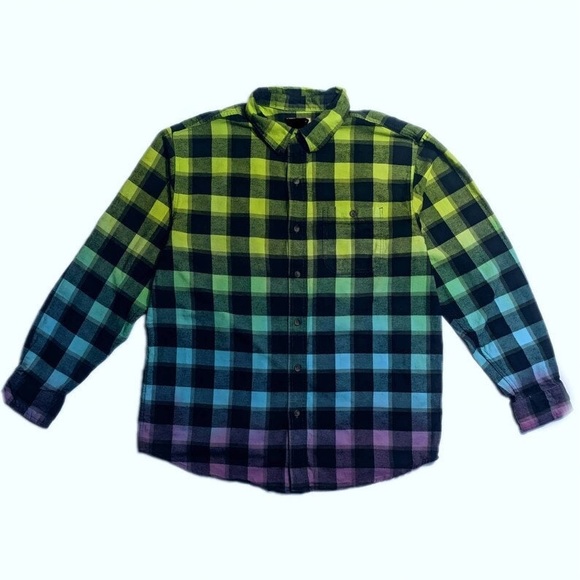 Oversized Tie Dye Plaid Flannel Shirt Dip Dye Gradient Green Blue Purple - Picture 3 of 5